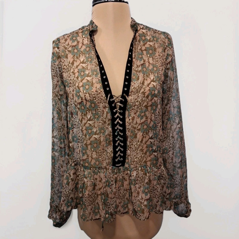 ZARA‎  Denim Beige Teal Floral Renaissanc Sheer Flowy Blouse Lace Up Ruffle Sz M